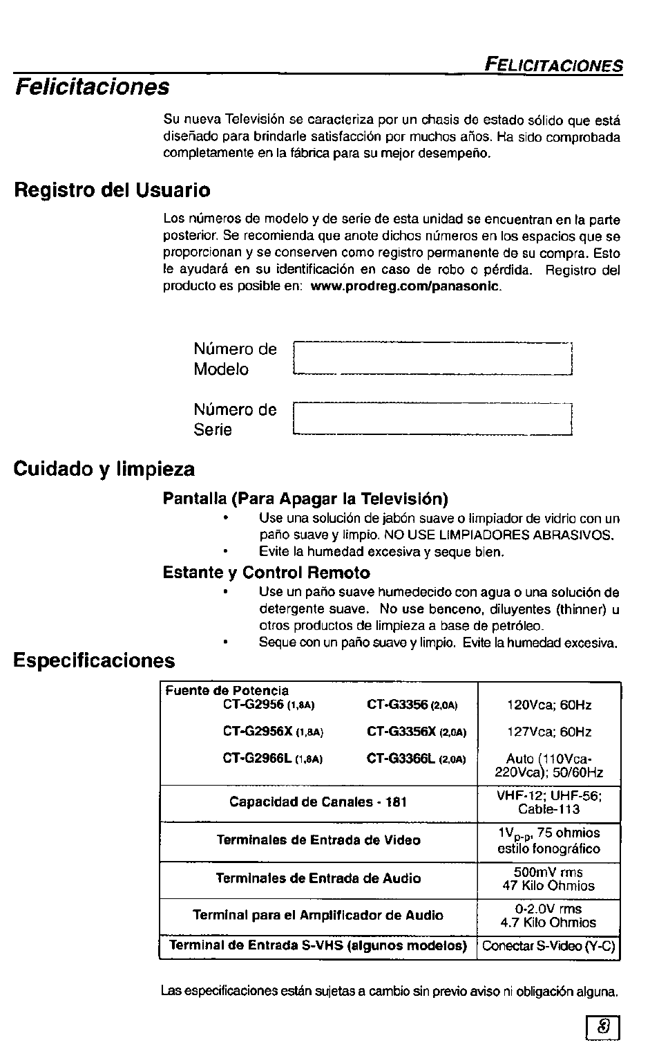Felicitaciones, Registro del usuario, Cuidado y limpieza | Pantalla (para apagar la televisión), Estante y control remoto, Especificaciones, Número de modelo número de serie | Panasonic CT-36G23 User Manual | Page 19 / 32