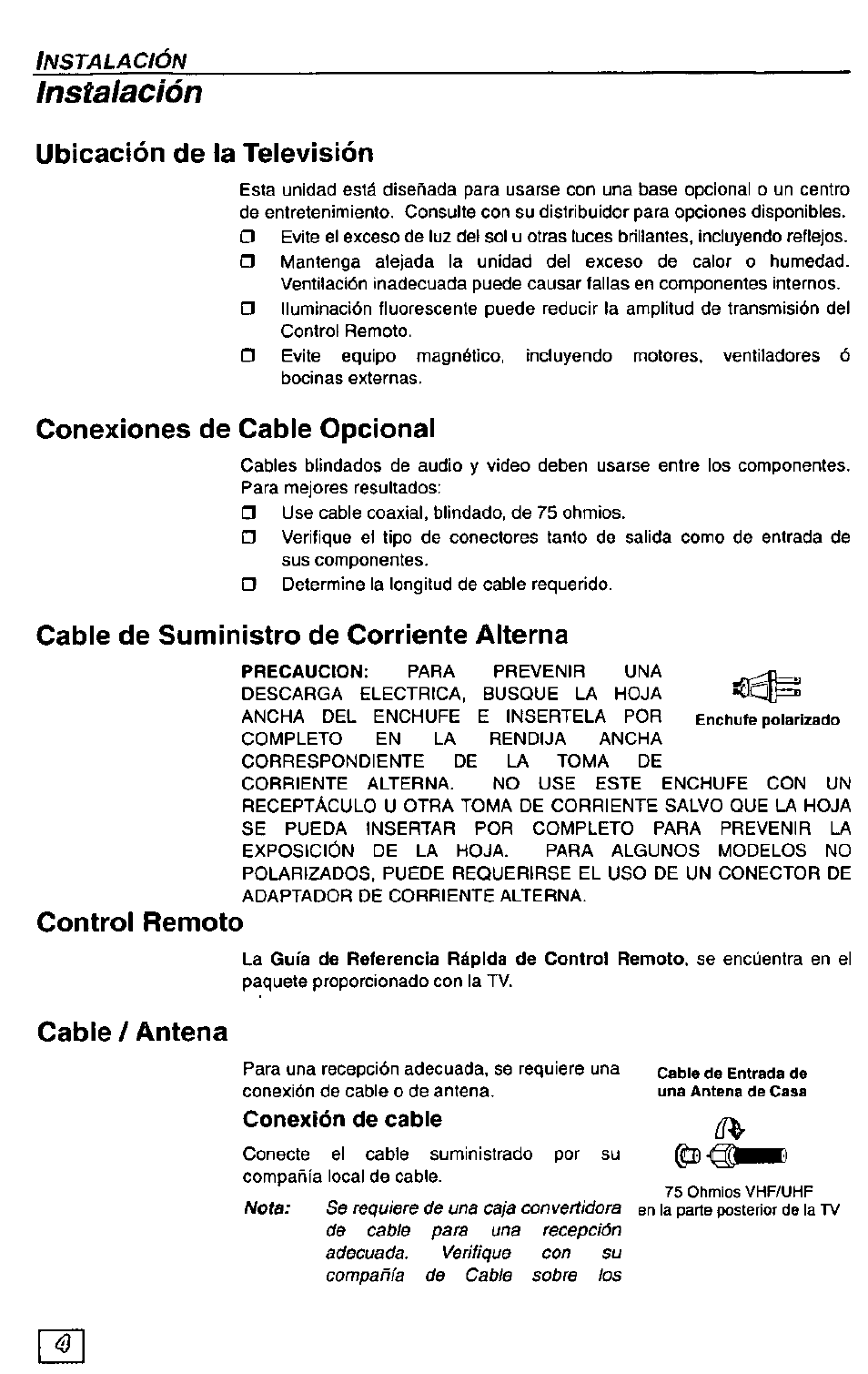 Instalación, Ubicación de la televisión, Conexiones de cable opcional | Cable de suministro de corriente alterna, Control remoto, Cable / antena, Conexión de cable, P^bb | Panasonic CT-36G23 User Manual | Page 20 / 32