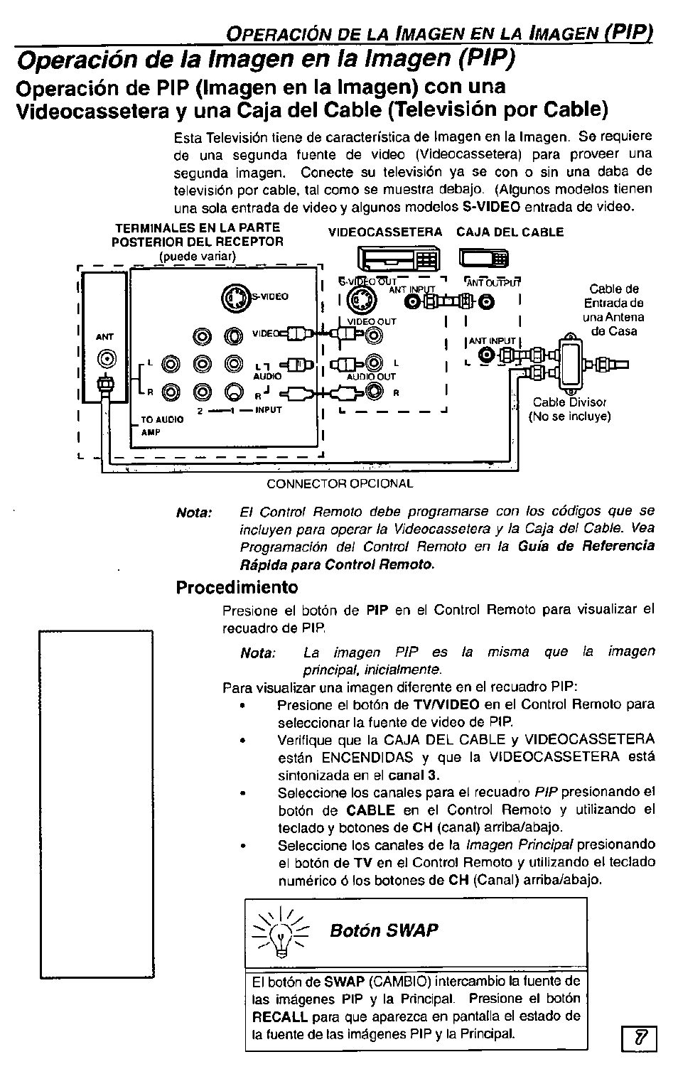 Operación de la imagen en la imagen (pip), Procedimiento, P!p) | Panasonic CT-36G23 User Manual | Page 23 / 32