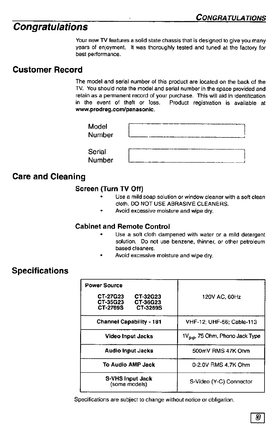 Congratulations, Customer record, Care and cleaning | Screen {turn tv off), Cabinet and remote control, Specifications, Model number serial number | Panasonic CT-36G23 User Manual | Page 3 / 32
