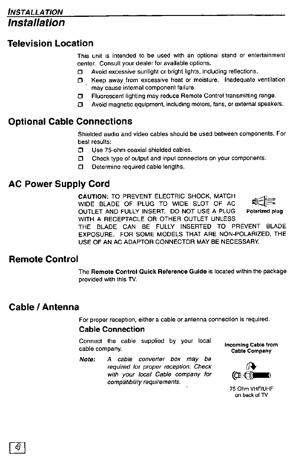 Installation, Television location, Optional cable connections | Ac power supply cord, Remote control, Cable / antenna, Cable connection | Panasonic CT-36G23 User Manual | Page 4 / 32