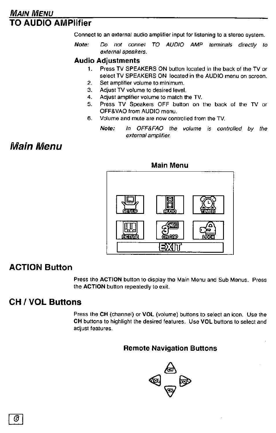 To audio amplifier, Audio adjustments, Main menu | Action button, Ch / vol buttons, Remote navigation buttons, Ch/vol buttons | Panasonic CT-36G23 User Manual | Page 6 / 32