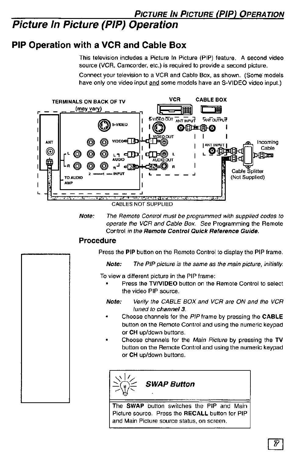 Picture in picture (pip) operation, Pip operation with a vcr and cable box, Procedure | Pip) o | Panasonic CT-36G23 User Manual | Page 7 / 32