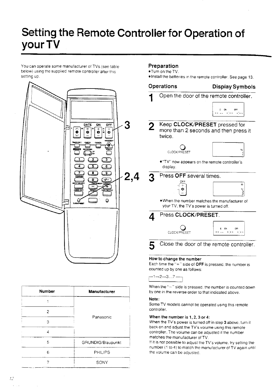 Preparation, Display symbols, Press clock/preset | Setting the remote controller for operation of, Your tv | Panasonic NV-HD70EA User Manual | Page 12 / 33