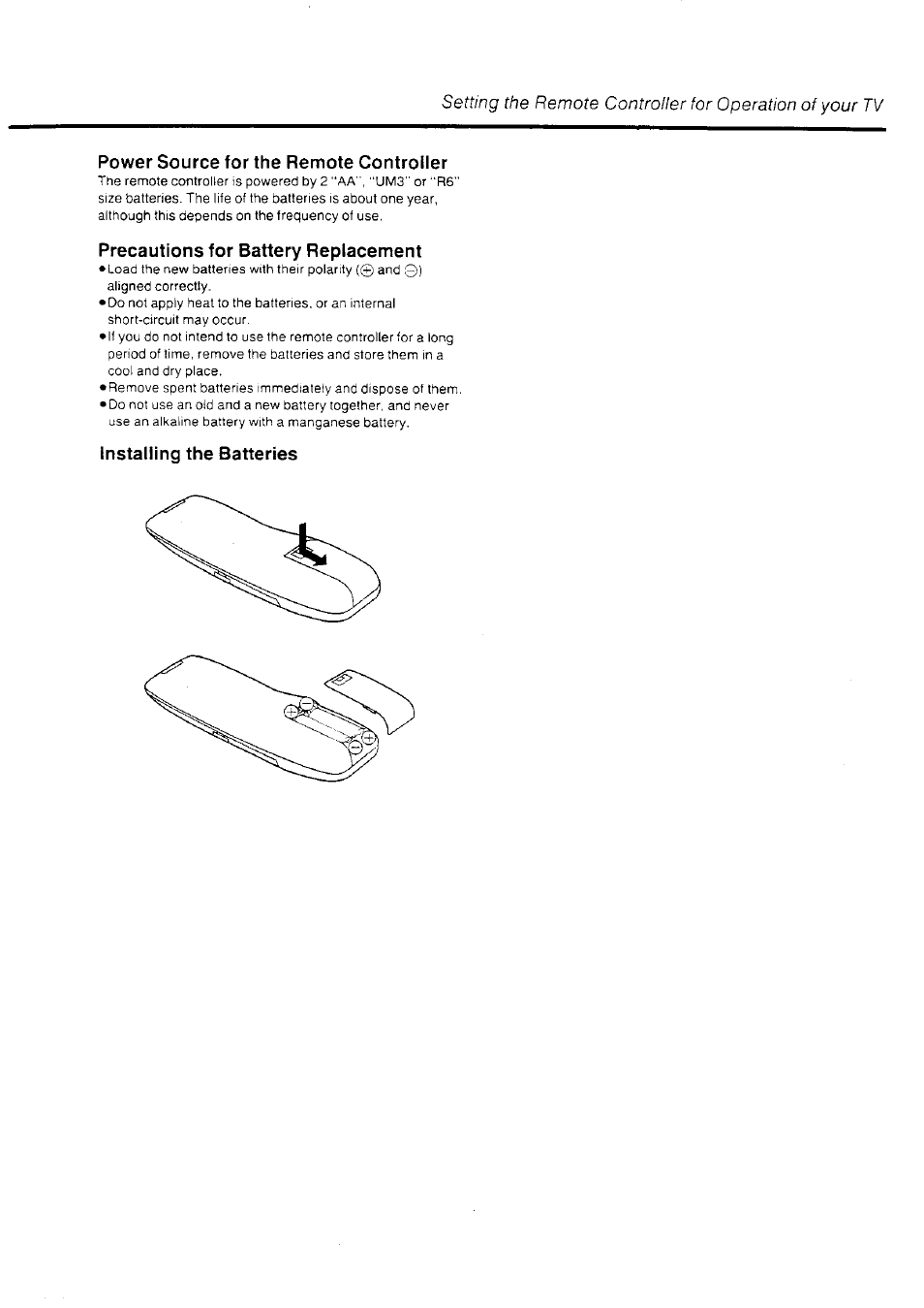 Power source for the remote controller, Precautions tor battery replacement, Installing the batteries | Panasonic NV-HD70EA User Manual | Page 13 / 33