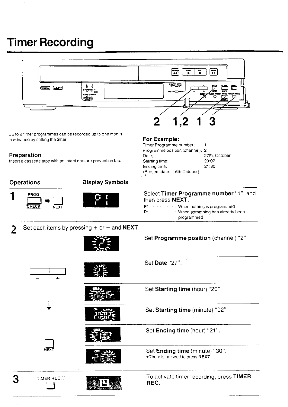 For example, Display symbols, Select timer programme number “1 and | Timer recording | Panasonic NV-HD70EA User Manual | Page 20 / 33