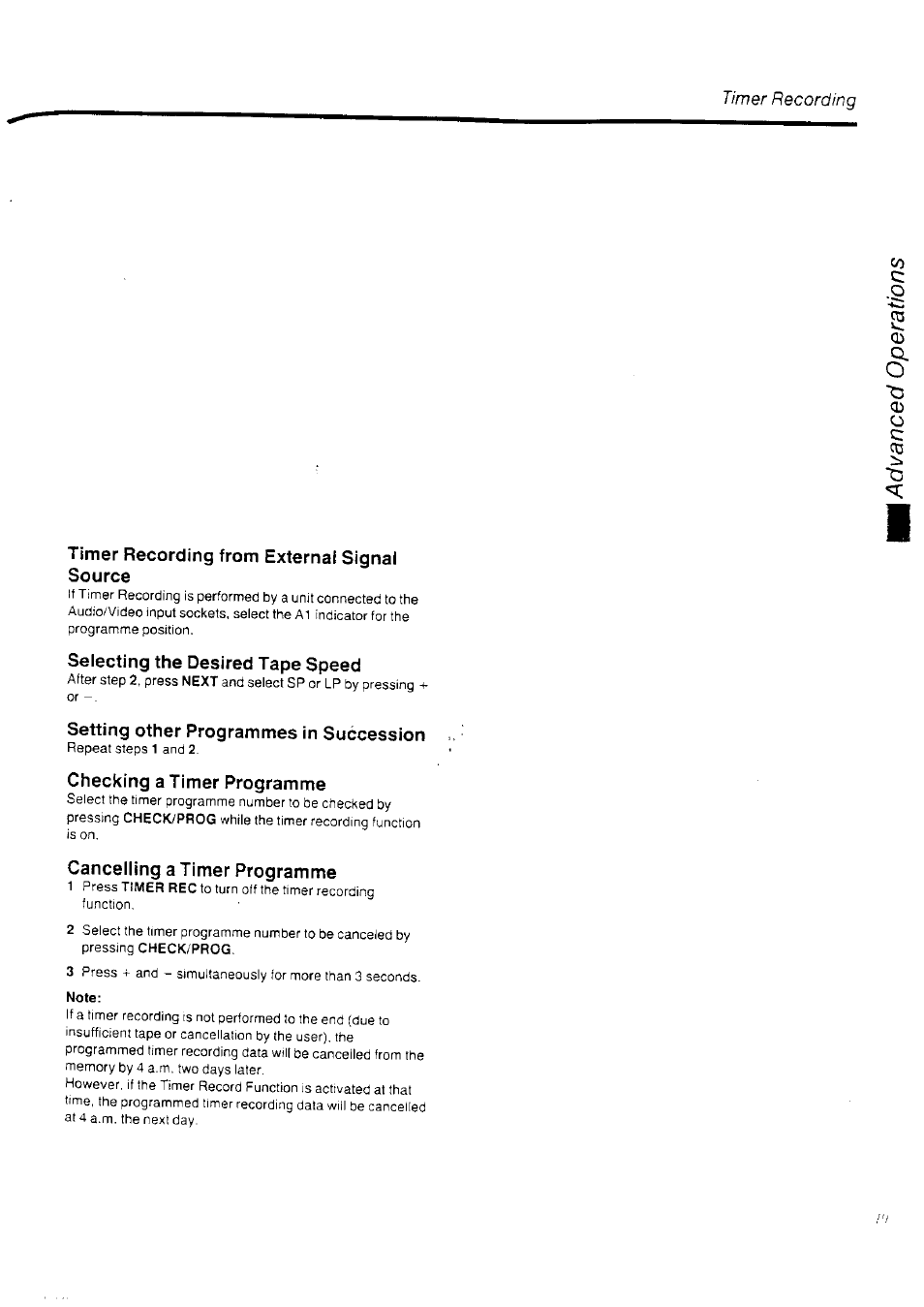 Timer recording from external signal source, Selecting the desired tape speed, Setting other programmes in succession | Checking a timer programme, Cancelling a timer programme | Panasonic NV-HD70EA User Manual | Page 21 / 33
