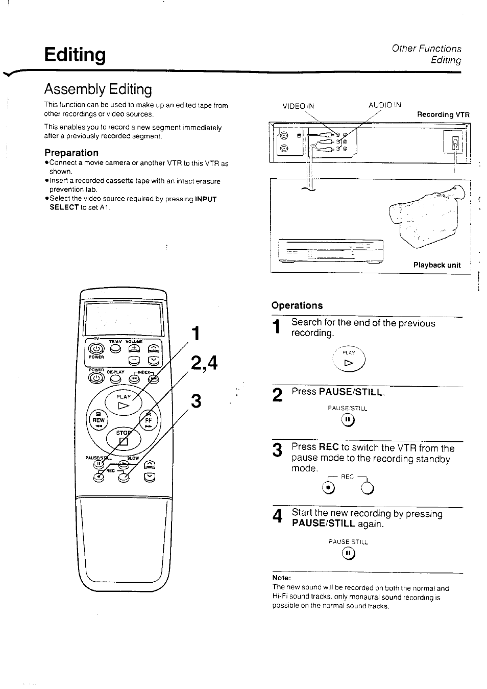 Editing, Preparation, Operations | Press pause/still, Assembly editing | Panasonic NV-HD70EA User Manual | Page 25 / 33