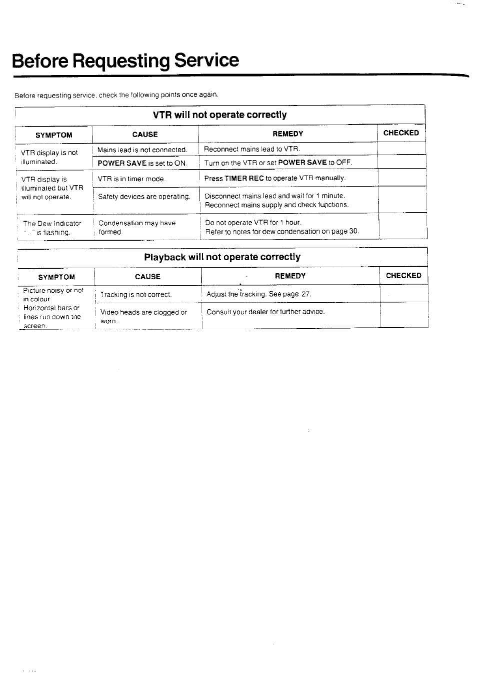 Before requesting service, Vtr will not operate correctly | Panasonic NV-HD70EA User Manual | Page 30 / 33