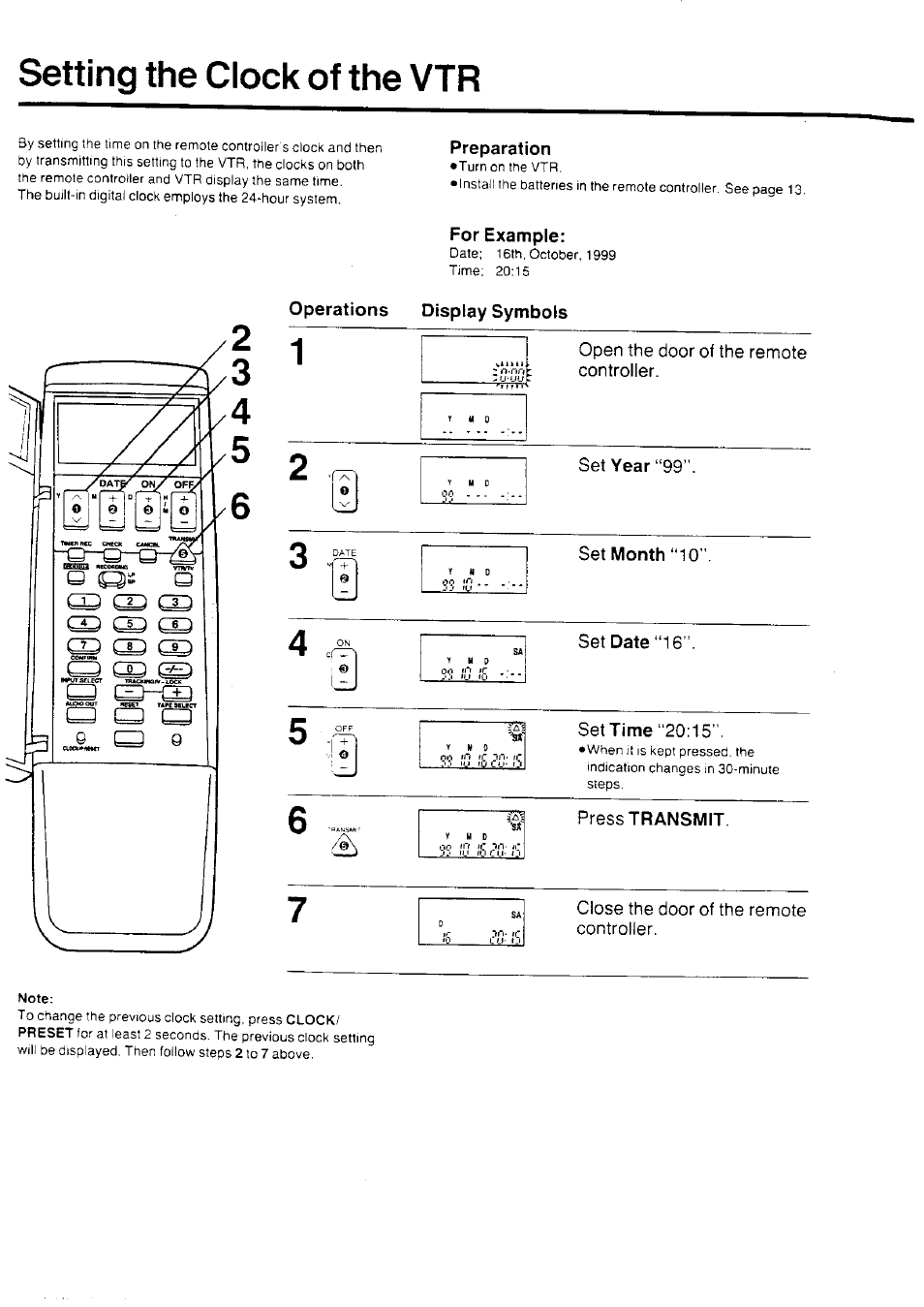 Setting the clock of the vtr, Preparation, For example | Operations display symbols | Panasonic NV-HD70EA User Manual | Page 6 / 33