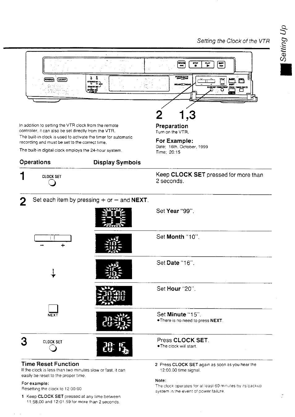 Display symbols, Set month “10, Press clock set | Time reset function | Panasonic NV-HD70EA User Manual | Page 7 / 33