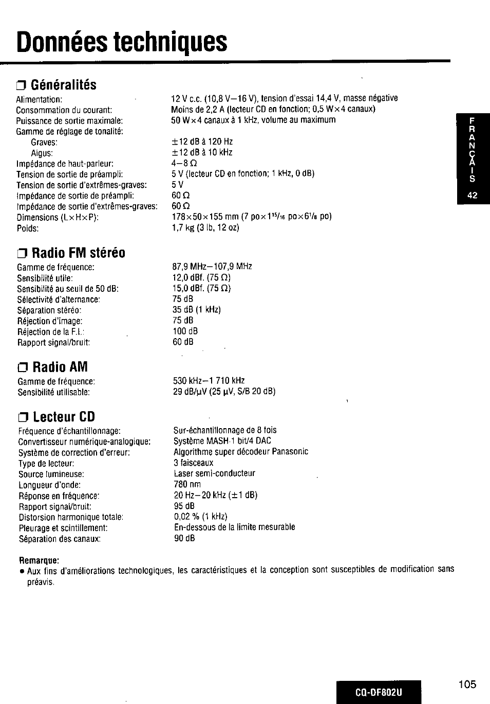 Radio fm stéréo, Radio am, Lecteur cd | Données techniques, Généralités | Panasonic CQ-DF802U User Manual | Page 105 / 150