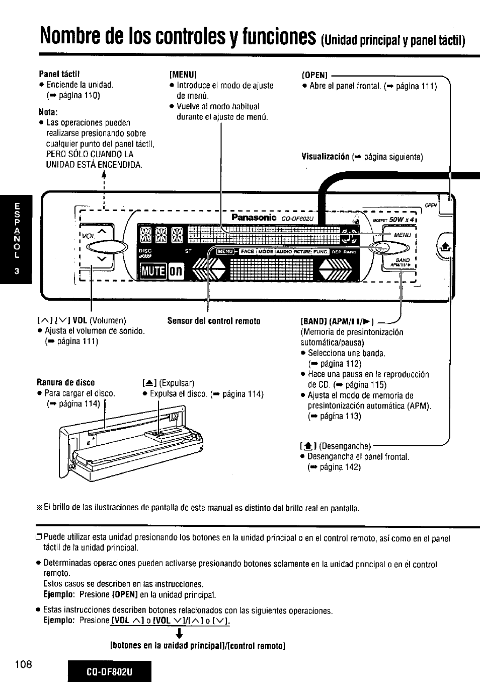 Nombre de los controles y funciones, Unidad principal y panel táctil) | Panasonic CQ-DF802U User Manual | Page 108 / 150