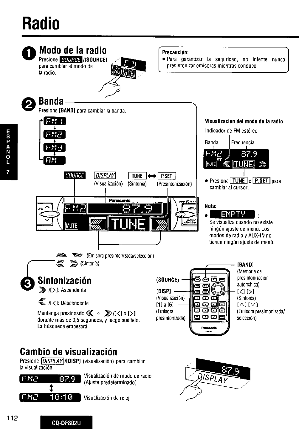 Radio, Modo dela radio, Banda | Síntoni, Sintonización, Emptv, Cambio de visualización, Ша. 'w/m, Display\/[d\sp | Panasonic CQ-DF802U User Manual | Page 112 / 150