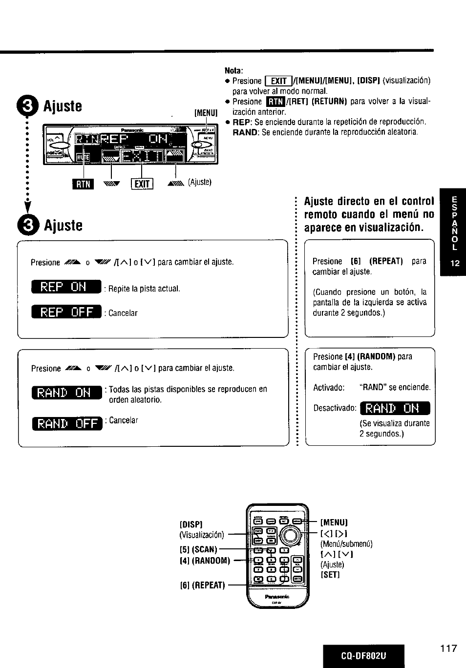 Rahp oh, Ajuste, Rep oh | Rep off, Rahl' oh, Rahi' off | Panasonic CQ-DF802U User Manual | Page 117 / 150