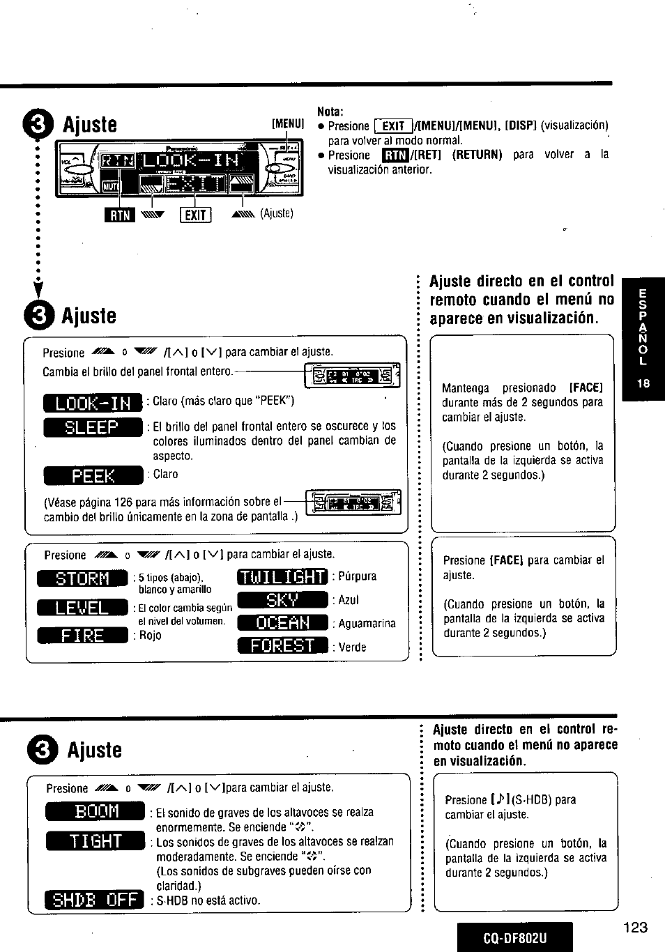 Look-in, Sleep, Storm | Level, Fire, Tuulight, Oceñn, Forest, Ajuste, Look-in sleep | Panasonic CQ-DF802U User Manual | Page 123 / 150