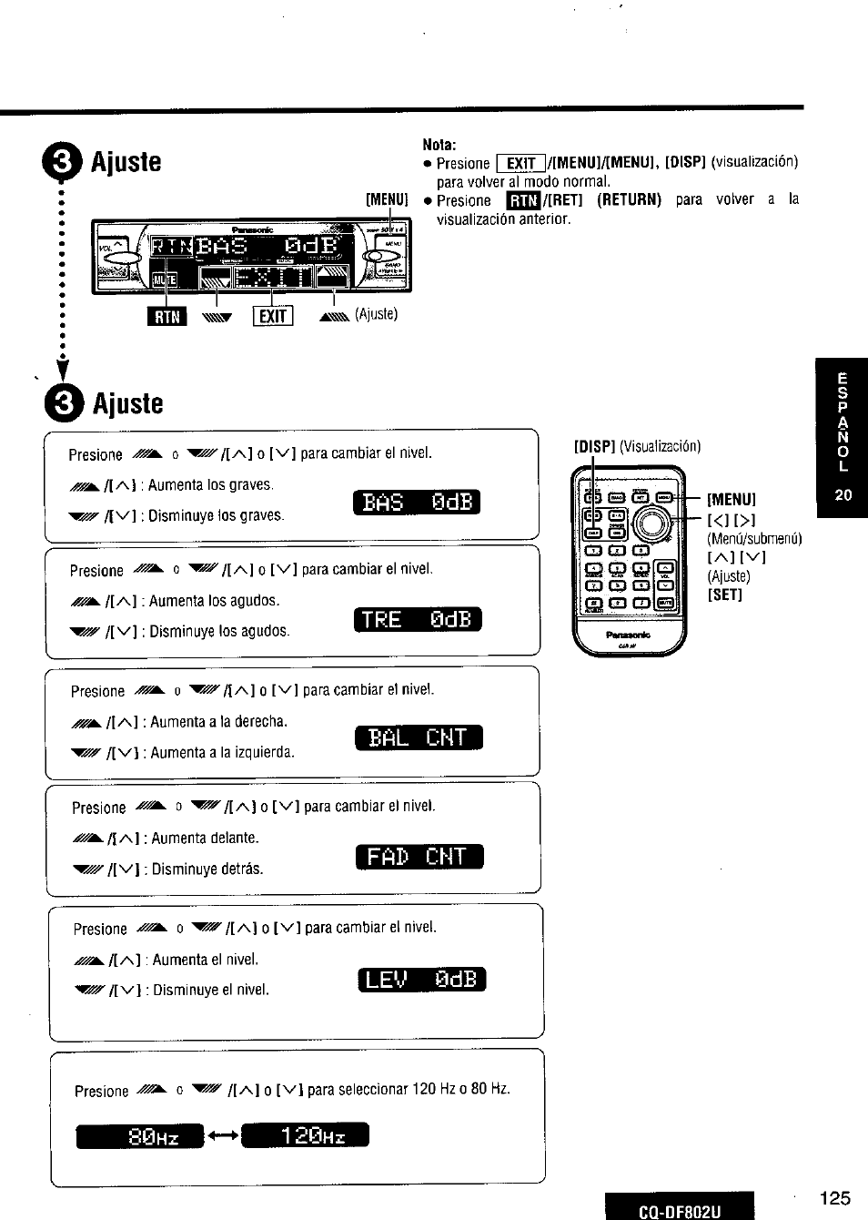 Ajuste, Ers 0de, Tre 0db | Eñl cht, Fau cht, Le'j 0de, A][v, Ers 0de tre 0db | Panasonic CQ-DF802U User Manual | Page 125 / 150