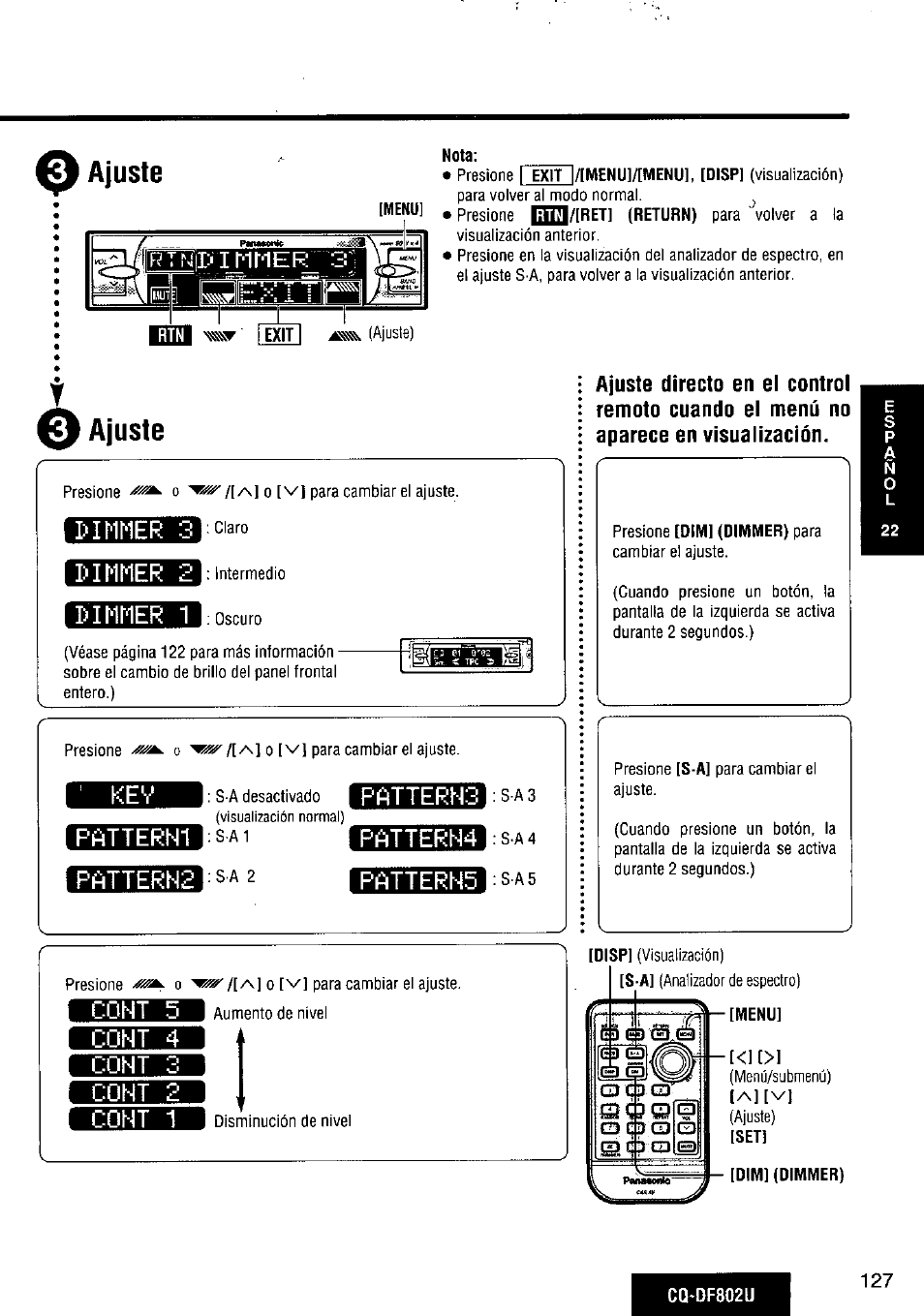 Ajuste, Pimmer 3, Dimmer 2 | Dinner 1, Patterns, Patterh1, Patterh4 pattern2 | Panasonic CQ-DF802U User Manual | Page 127 / 150