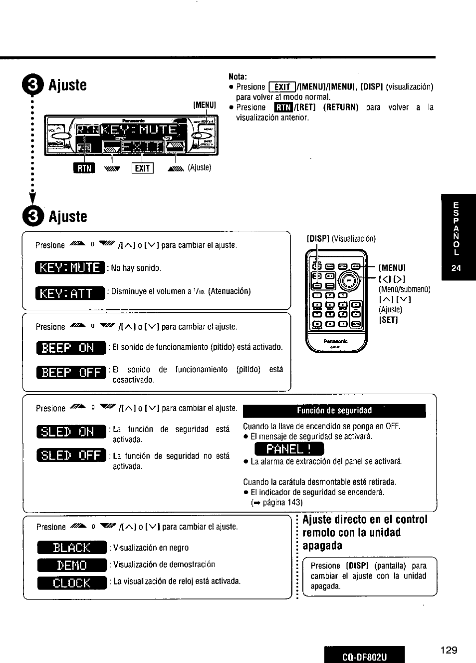 Ajuste, Kevrmute, Keviatt | Eeep oh, Eeep off, Isqg), Slep oh, Sled off, Pfthel, Elñck | Panasonic CQ-DF802U User Manual | Page 129 / 150