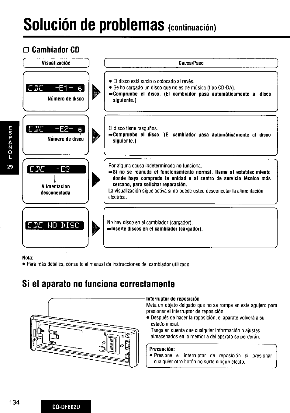 Cambiador cd, Lite mo r-isc, Nota | Si el aparato no funciona correctamente, Interruptor de reposición, Solución de problemas, Lite, Mo r-isc, Continuación) □ cambiador cd | Panasonic CQ-DF802U User Manual | Page 134 / 150