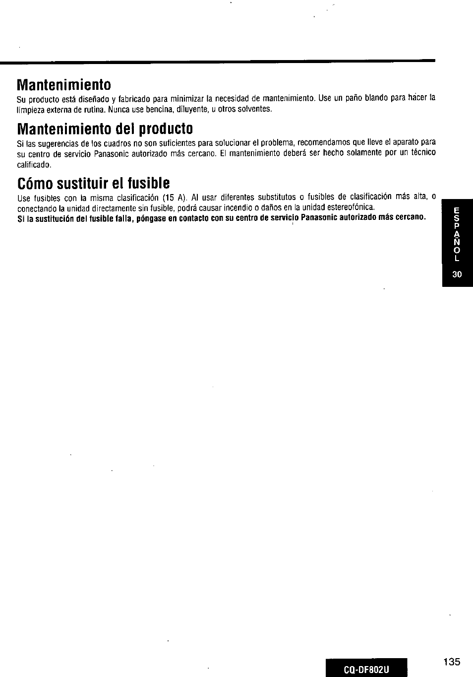 Mantenimiento, Mantenimiento dei producto, Cómo sustituir el fusible | Panasonic CQ-DF802U User Manual | Page 135 / 150