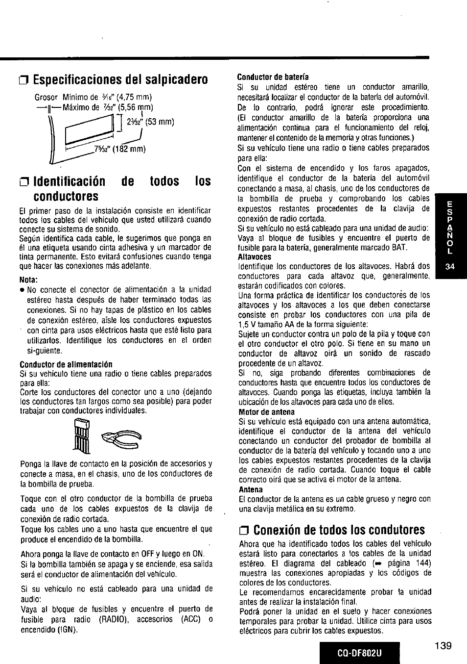 Especificaciones dei saipicadero, Identificación conductores, Nota | Conductor de batería, Conexión de todos los condutores, De todos los □ identificación conductores | Panasonic CQ-DF802U User Manual | Page 139 / 150