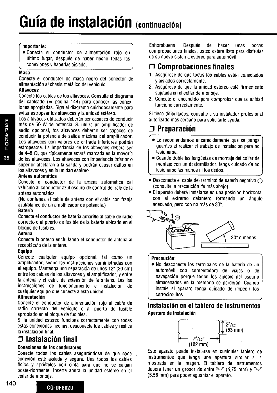 Masa, Instalación final, Comprobaciones finales | Preparación, Instalación en el tablero de instrumentos, Guía de instalación, Continuación) | Panasonic CQ-DF802U User Manual | Page 140 / 150