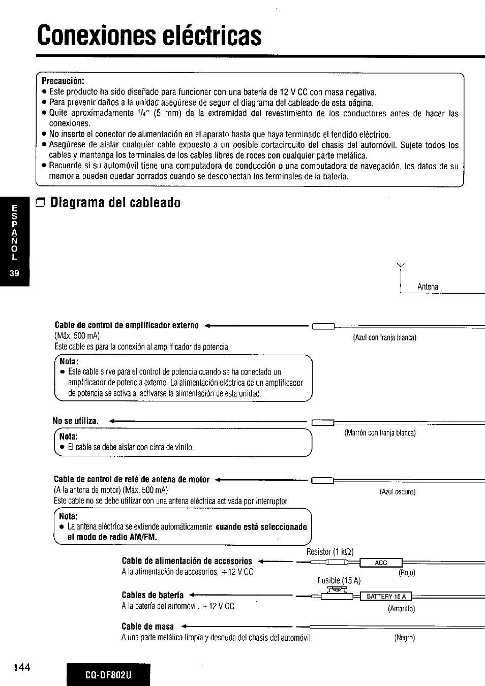 Conexiones eléctricas, Diagrama del cableado, Conexiones eléctricas 4 4 | Panasonic CQ-DF802U User Manual | Page 144 / 150
