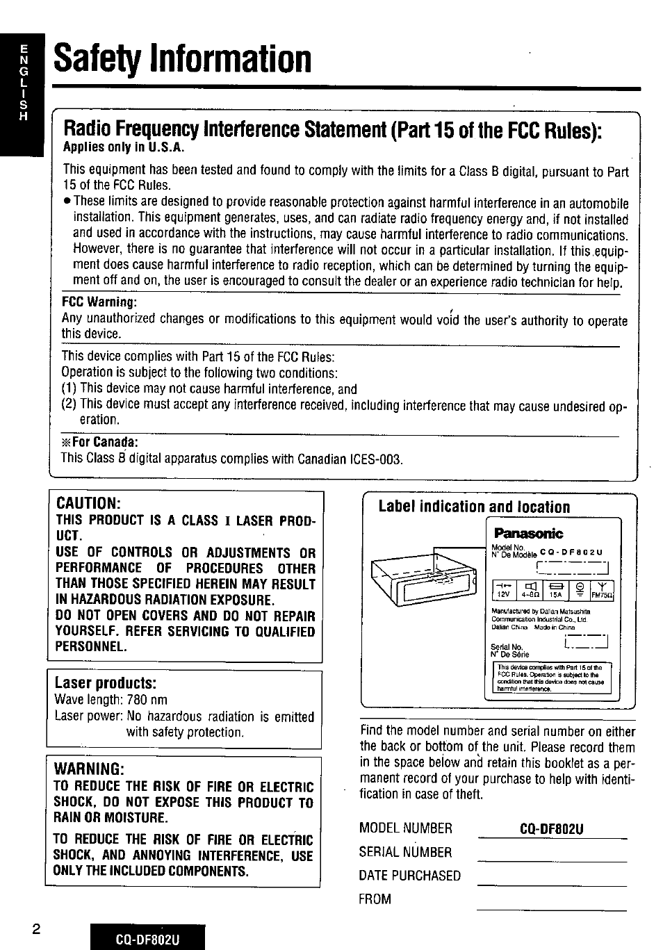 Safety information, For canada, This product is a uct | Use of controls performance of, Class 1 laser prod, Cq-df802u, Panasonic, Caution, Laser products, Label indication and location | Panasonic CQ-DF802U User Manual | Page 2 / 150