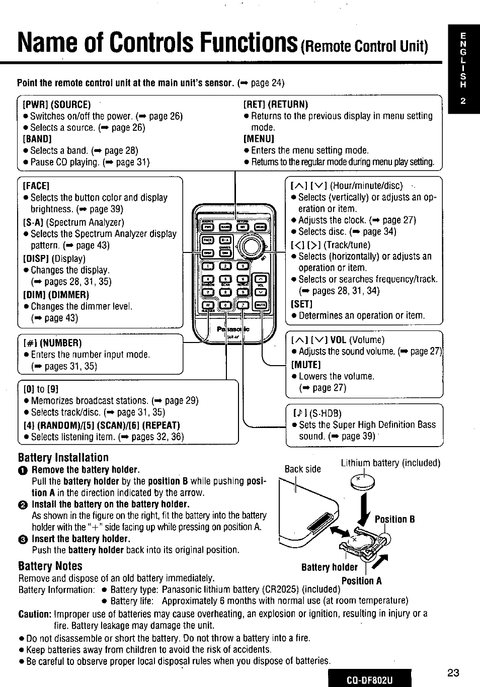 Name of controls functions (remote control unit), Tpwr] (source), Band | Ret] (return), Menu, Face, Dim] (dimmer), Number), 0] to [9, 0 insert the battery holder | Panasonic CQ-DF802U User Manual | Page 23 / 150