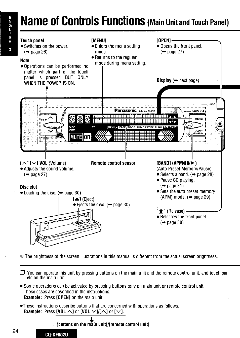 Touch panel, Note, Disc slot | Band] (apm/i !/►), Buttons on the main unit]/[remote control unit, Name of controls functions, Main unit and touch panel) | Panasonic CQ-DF802U User Manual | Page 24 / 150