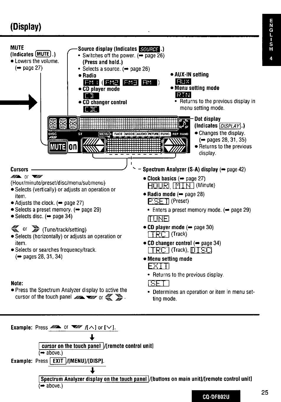 Display), Mute, Aux-in setting | Menu setting mode, Note, Cursor on the touch panel /[remote control unit, Display, Fiphel, Rseti, I ril | Panasonic CQ-DF802U User Manual | Page 25 / 150