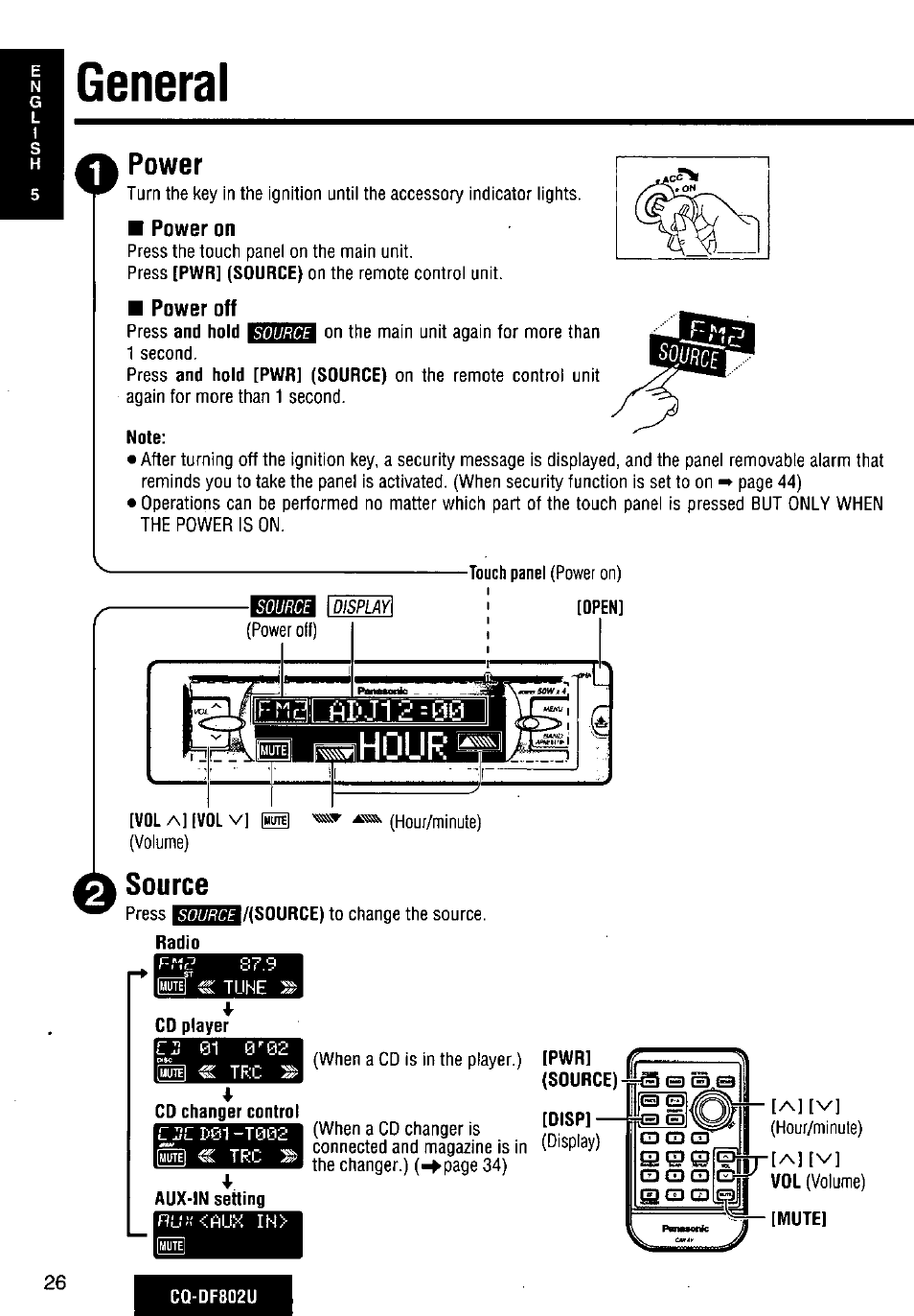General, Power, Power on | Note, Source, Aux-in setting, Cû-df802u | Panasonic CQ-DF802U User Manual | Page 26 / 150