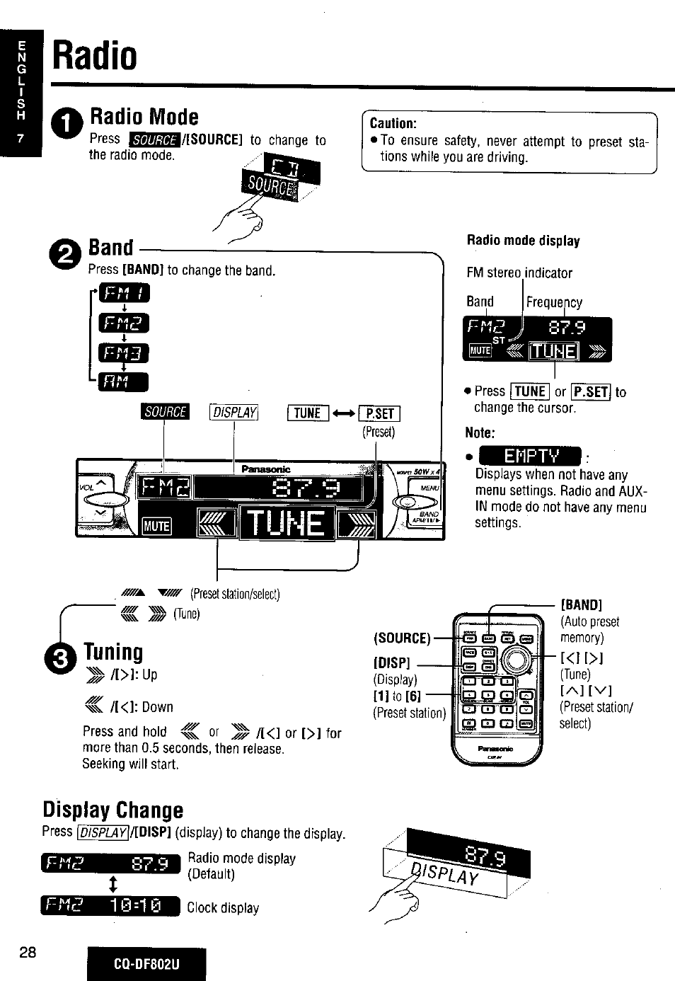 Radio, Radio mode, Enptv | Disp, Display change, Band, Tuning | Panasonic CQ-DF802U User Manual | Page 28 / 150