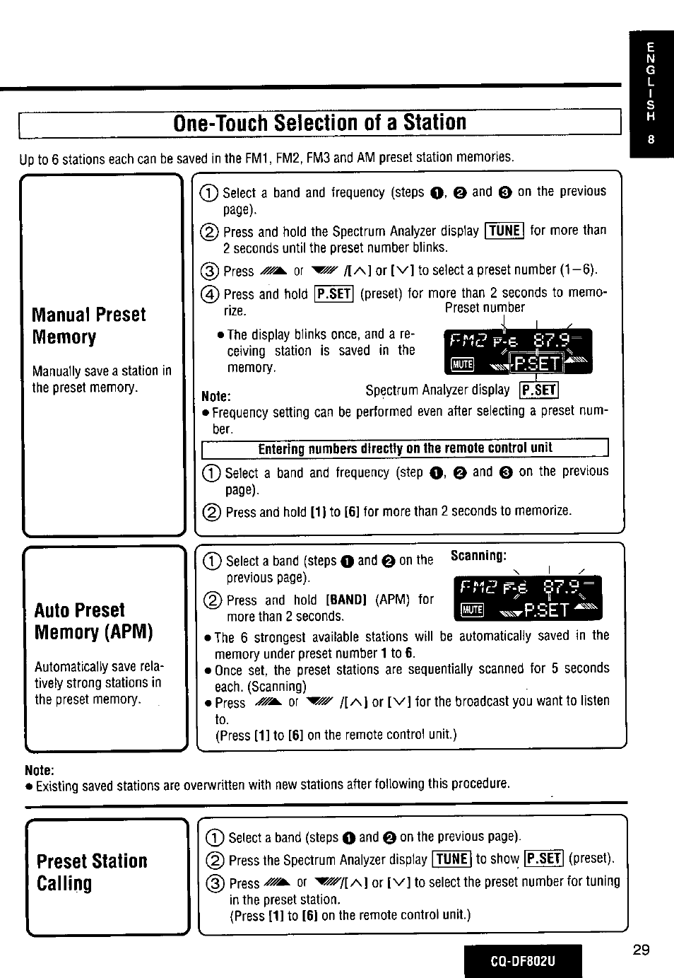 One-touch selection of a station, Manual preset memory, Auto preset memory (арм) | Rp.set, Preset station calling | Panasonic CQ-DF802U User Manual | Page 29 / 150