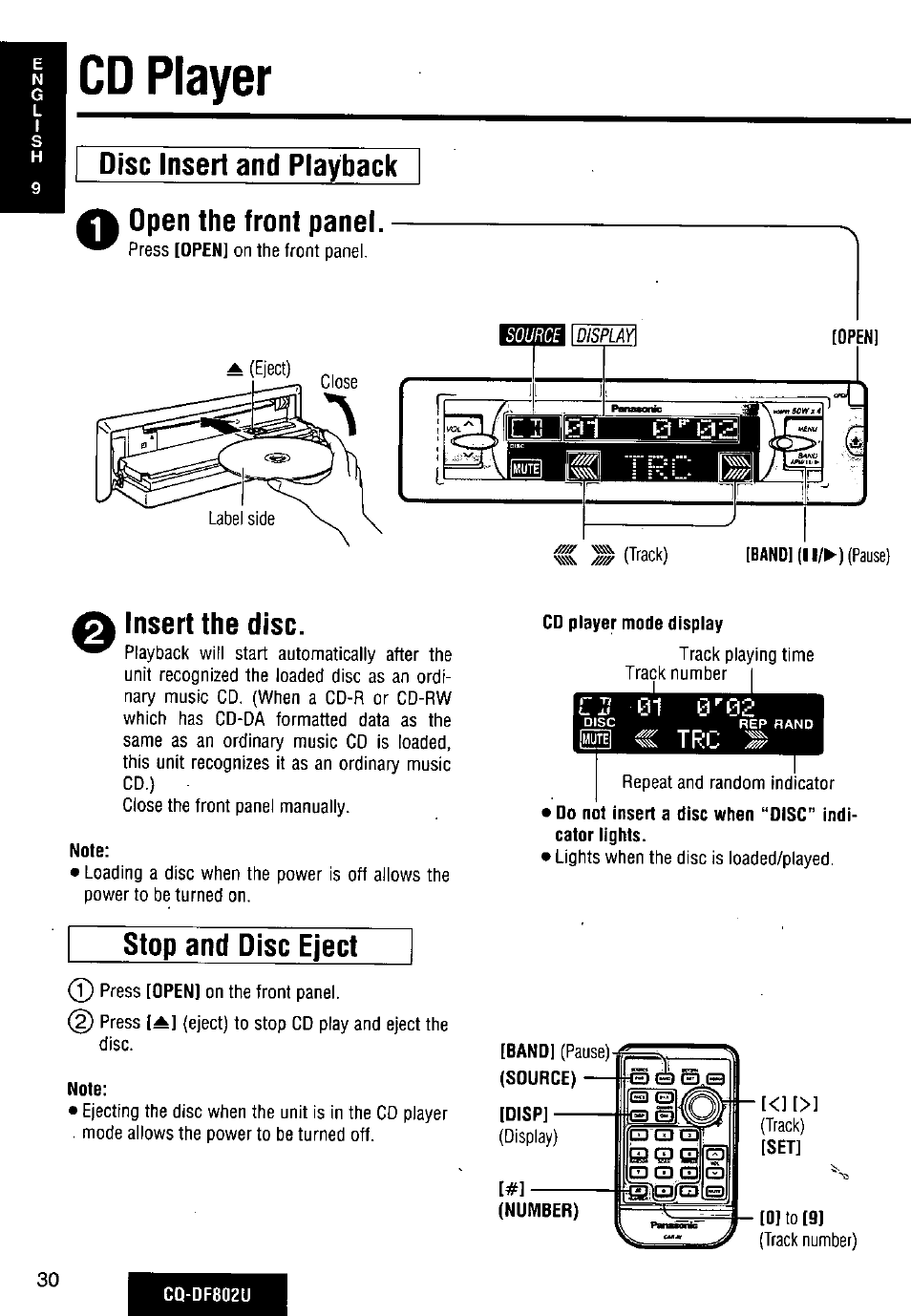 Cd player, Disc insert and playback, Open the front panel | Insert the disc, Cd player mode display, Stop and disc eject, Note, Disp, Number), 0]to [9 | Panasonic CQ-DF802U User Manual | Page 30 / 150