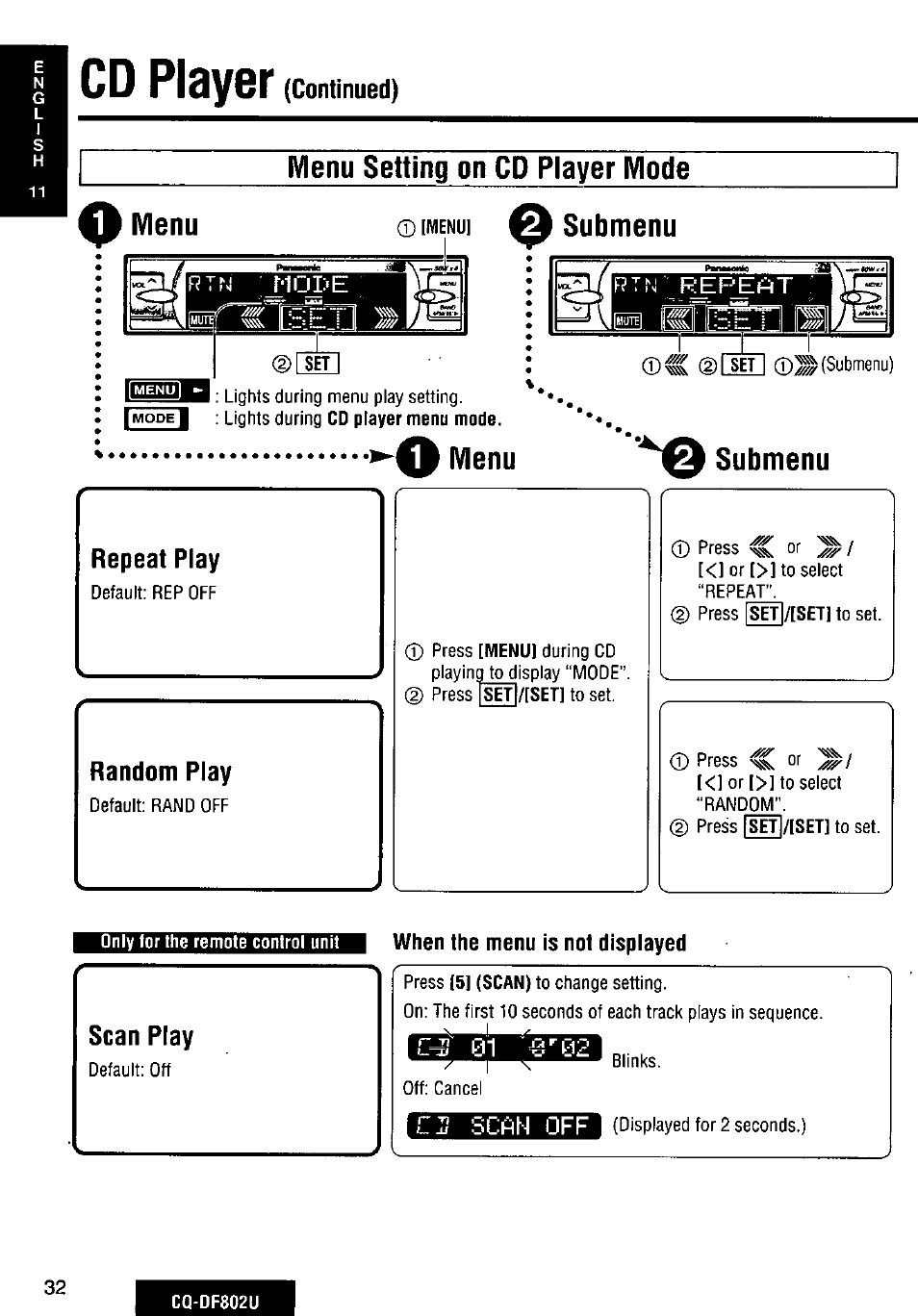 Cd player, Continued), Menu setting on cd player mode | Menu, Submenu, Menu submenu, When the menu is not displayed, Menu setting on cd player mode ^ menu | Panasonic CQ-DF802U User Manual | Page 32 / 150