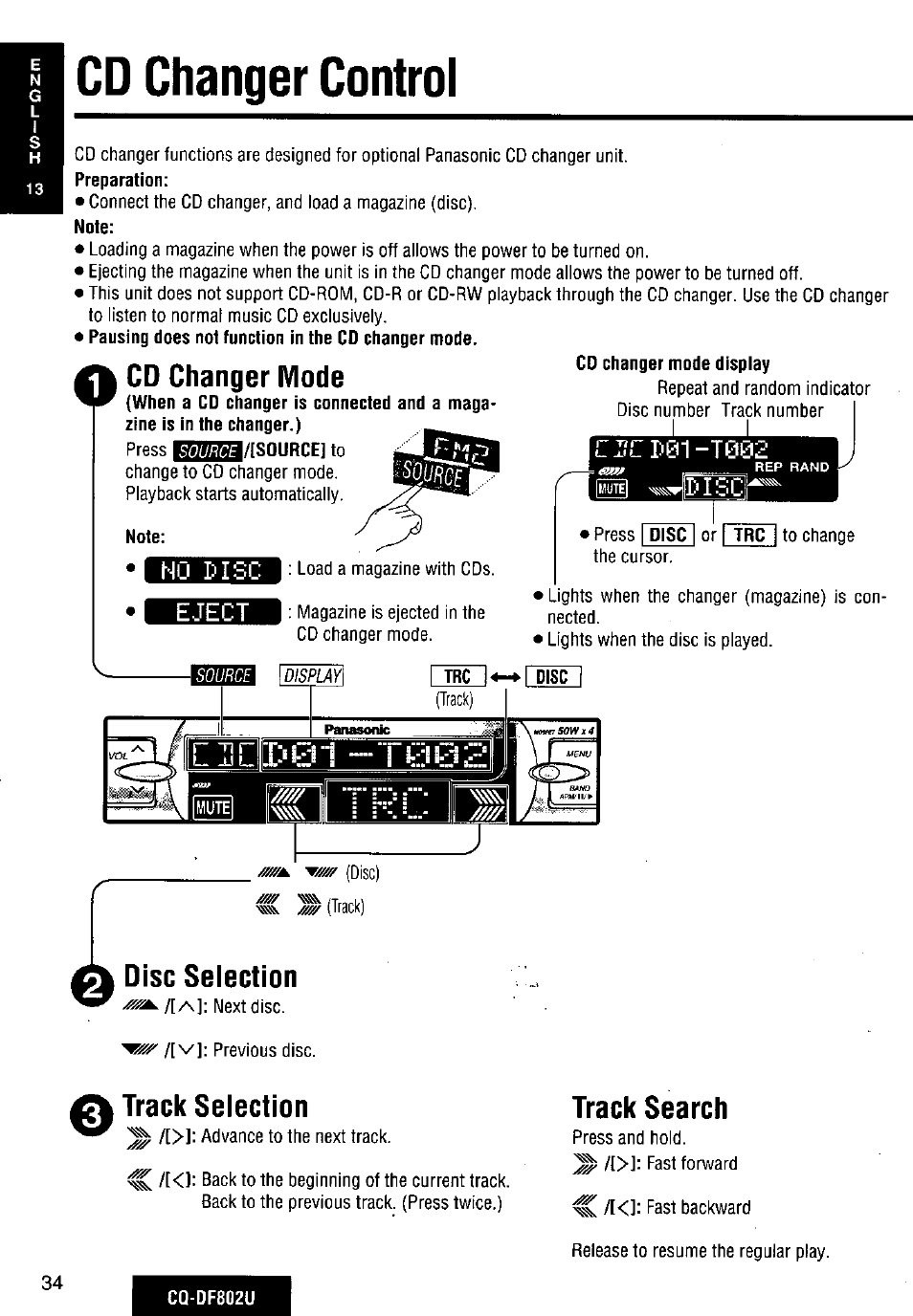 Cd changer control, Cd changer mode, Disc selection | Track search, Track selection | Panasonic CQ-DF802U User Manual | Page 34 / 150