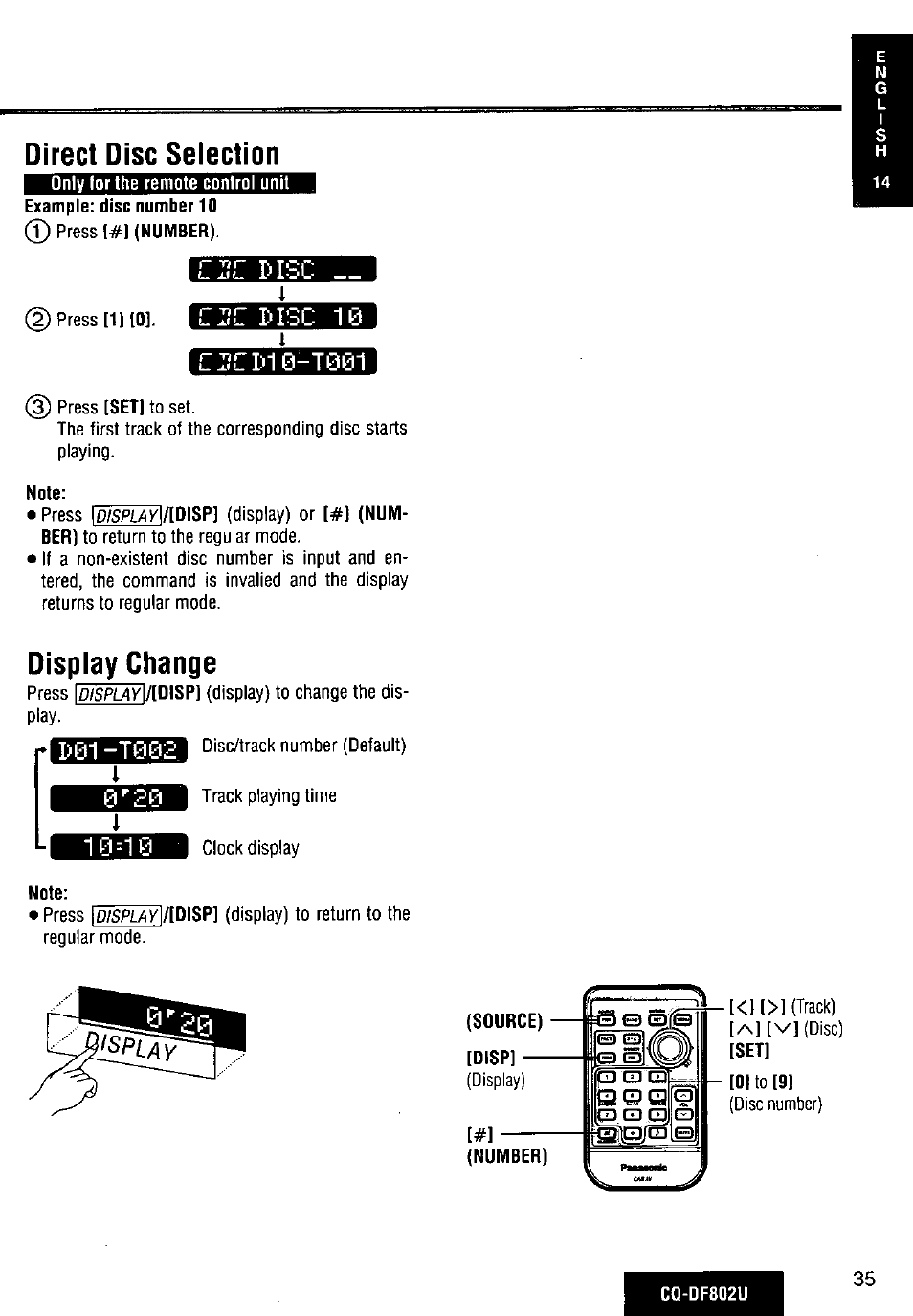 Direct disc seiection, Dispiay change | Panasonic CQ-DF802U User Manual | Page 35 / 150