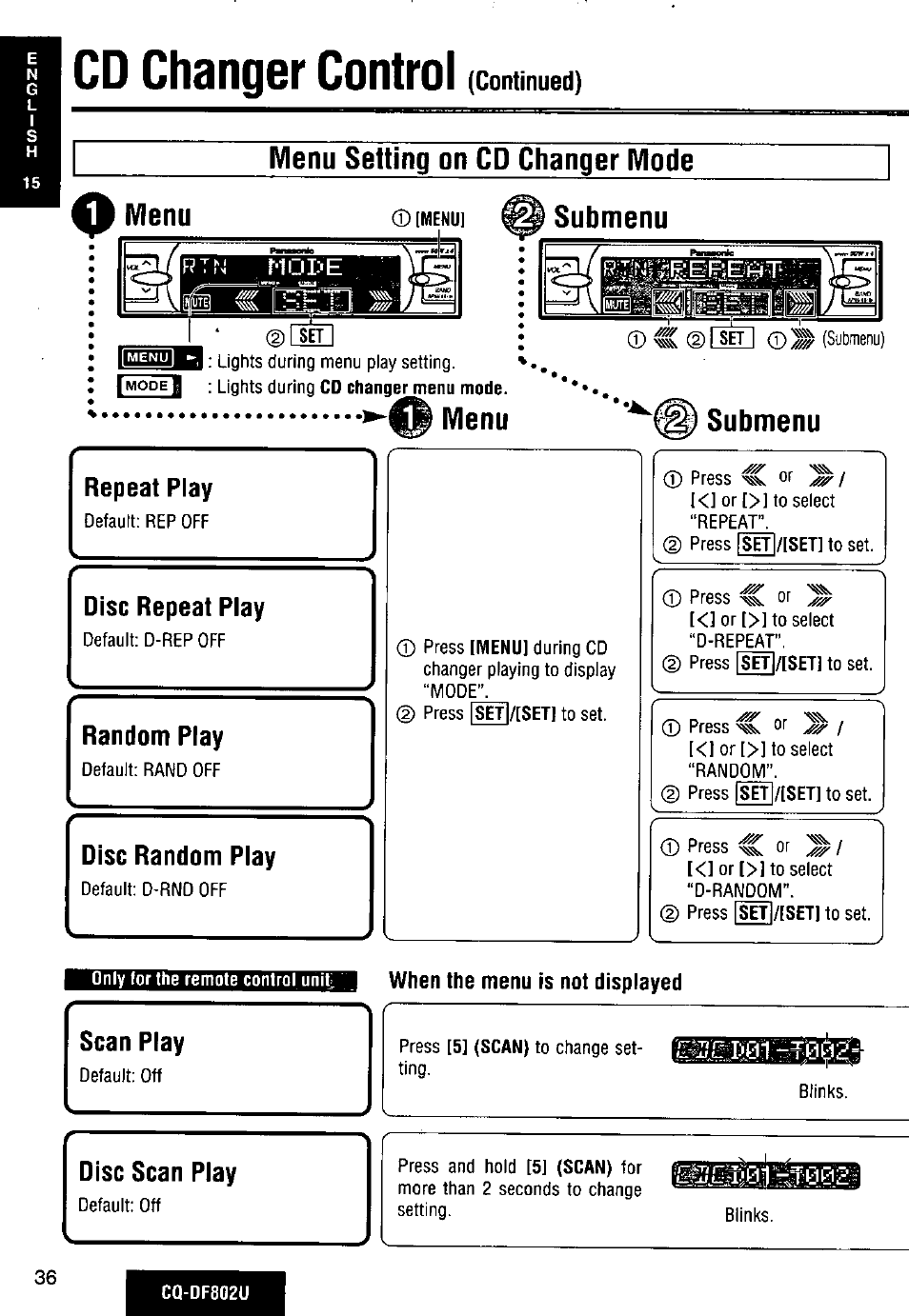 Menu setting on cd changer mode, O ivienu, Menu | Submenu, Repeat play, Disc random play, When the menu is not displayed, Cd changer control (continued), 1e ©s> (sutjiïienu), Disc repeat play | Panasonic CQ-DF802U User Manual | Page 36 / 150