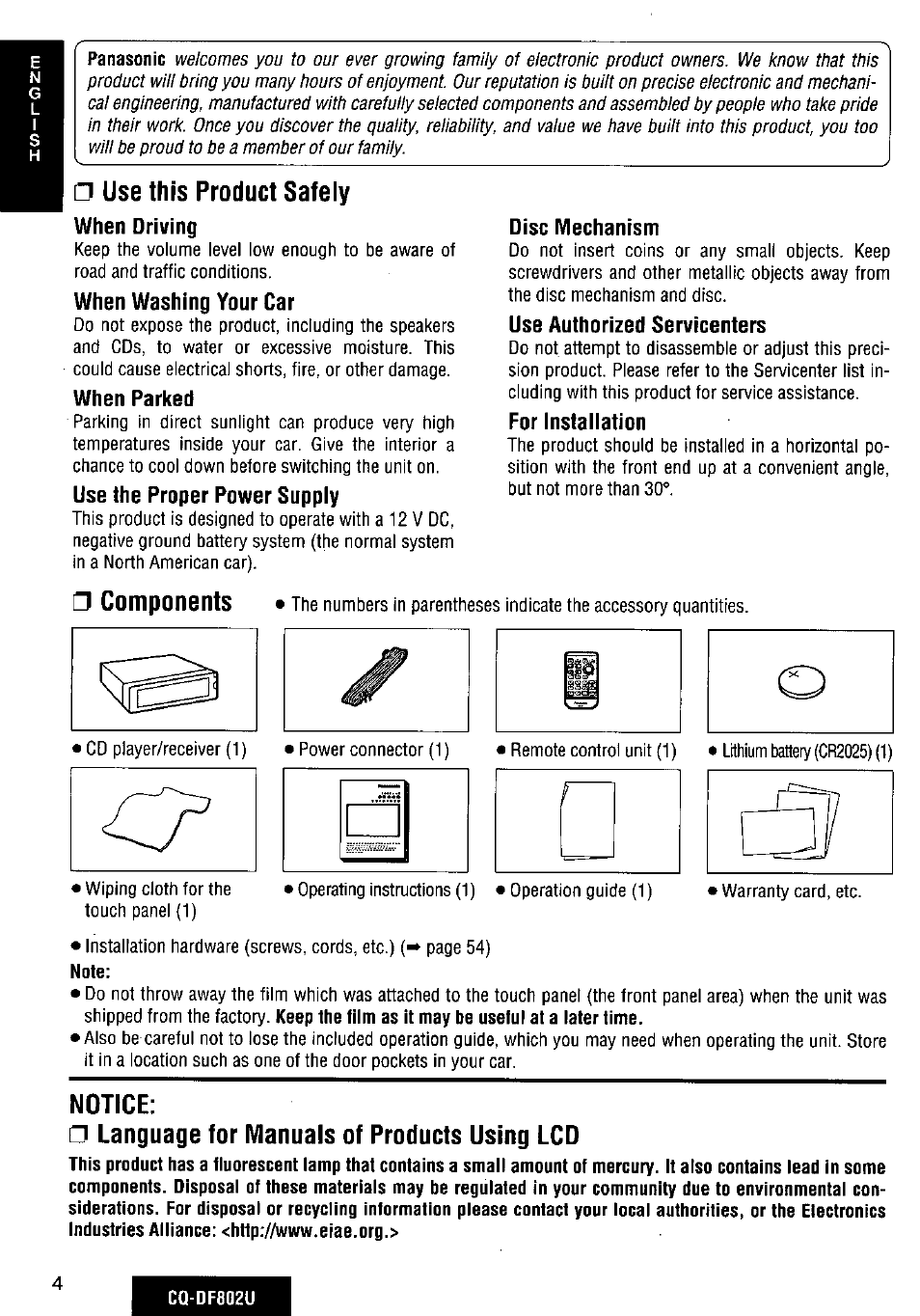 Use this product safely, Components, Notice | Language for manuals of products using lcd | Panasonic CQ-DF802U User Manual | Page 4 / 150