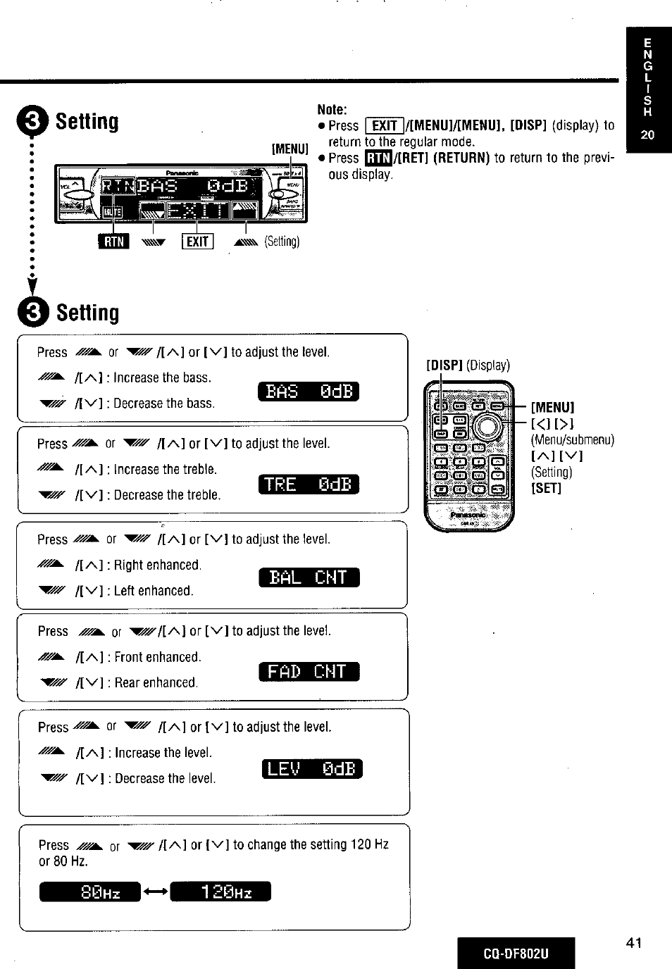 Setting, Eas 0de, Ire 0de | Erl cht, Frd cht, Ley 0de, Menu, Cq'df802u, Ire 0de erl cht | Panasonic CQ-DF802U User Manual | Page 41 / 150