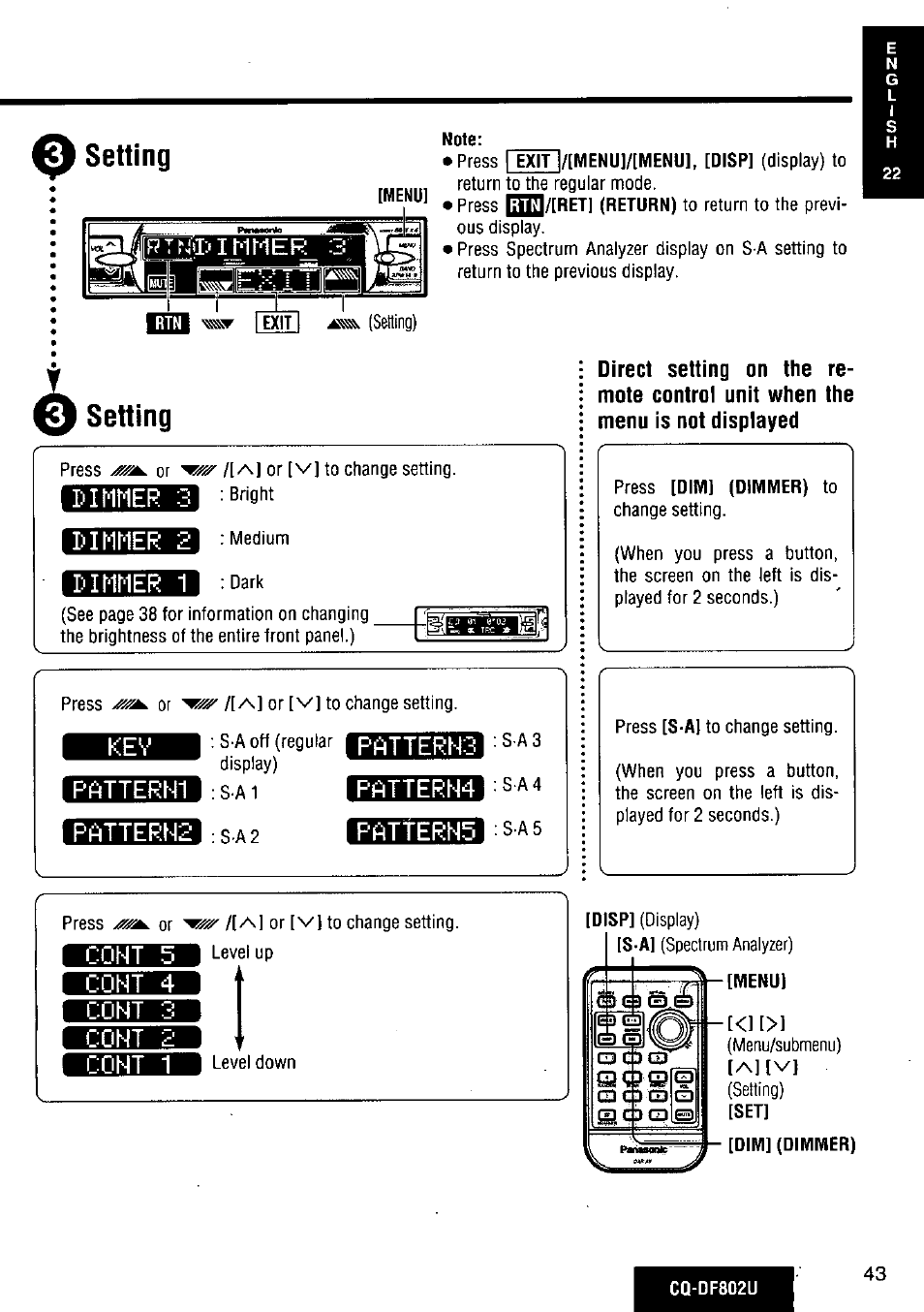 Setting, Pimmer 3, Uinmer 2 | L:-inner 1, Patterh1, Pattern2, Pattern4, Coht 5, Cont 4, Cont 5 | Panasonic CQ-DF802U User Manual | Page 43 / 150