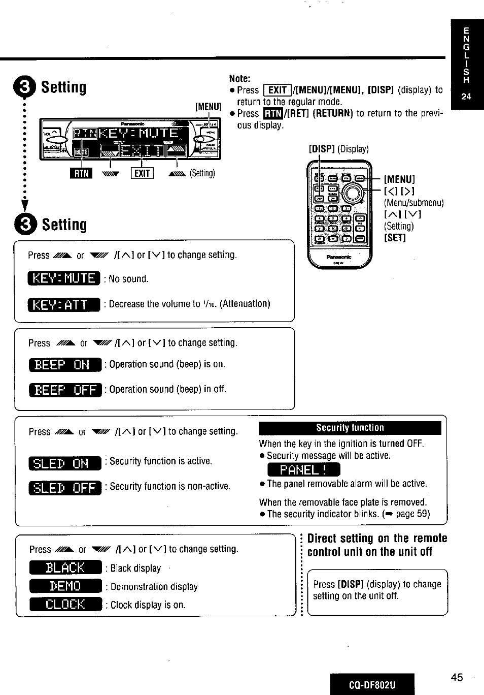 Setting, Kevimute, Kev:att | Menu, Beep off, Slee- oh, Security function, Panel, Black, Bemo | Panasonic CQ-DF802U User Manual | Page 45 / 150