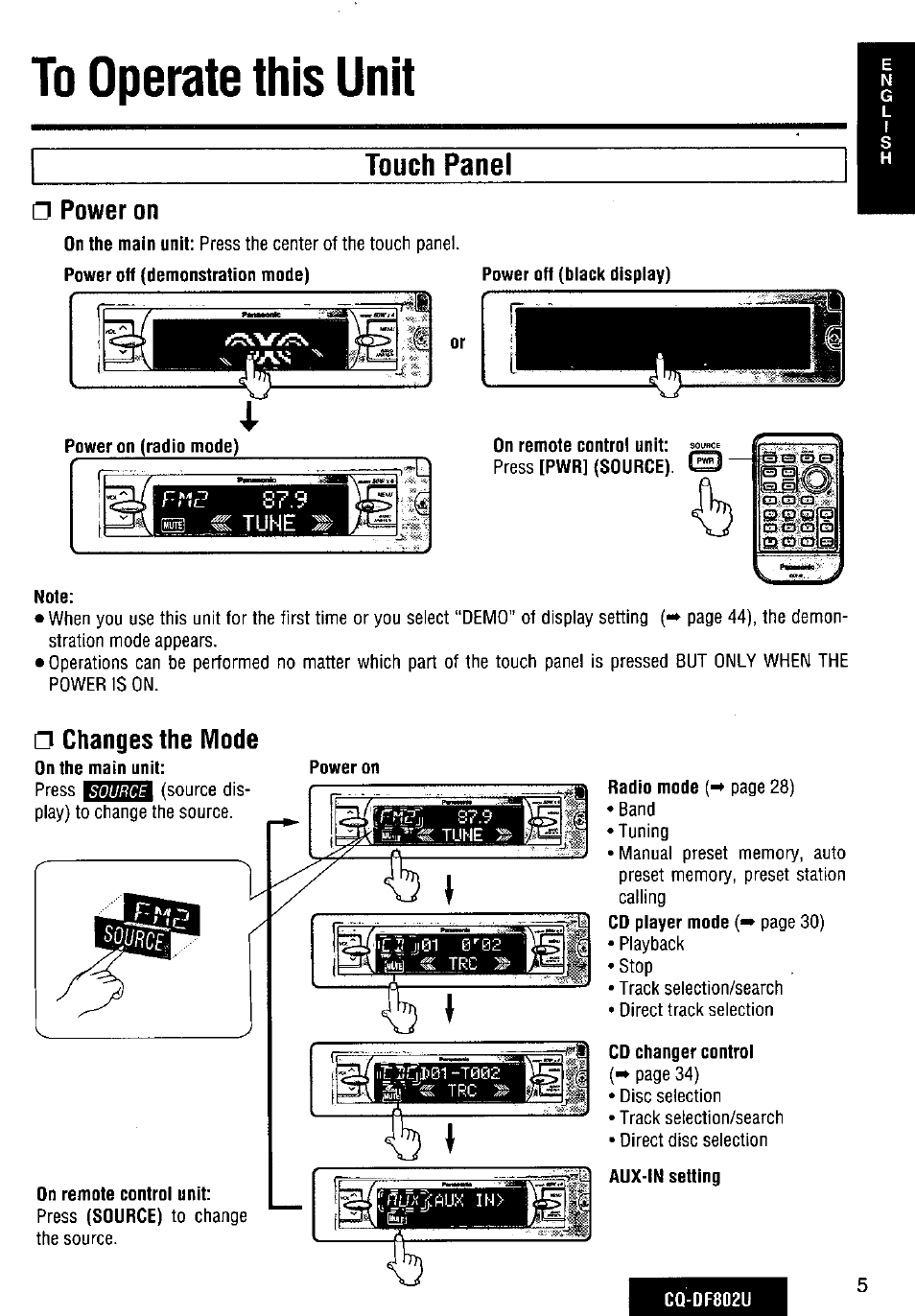 To operate this unit, Touch panel, Note | Changes the mode, On the main unit, Cd changer control, Auxin setfing, Power on, R ............................. —б | Panasonic CQ-DF802U User Manual | Page 5 / 150