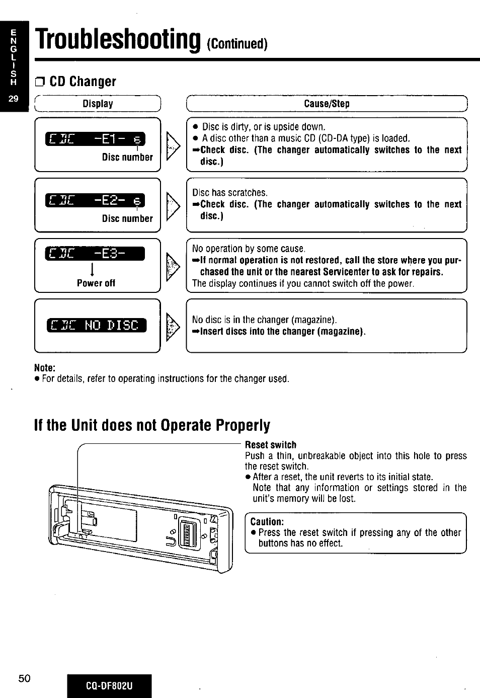 Troubleshooting (continued), Cd changer, Cause/step | Note, If the unit does not operate properly, Reset switch | Panasonic CQ-DF802U User Manual | Page 50 / 150