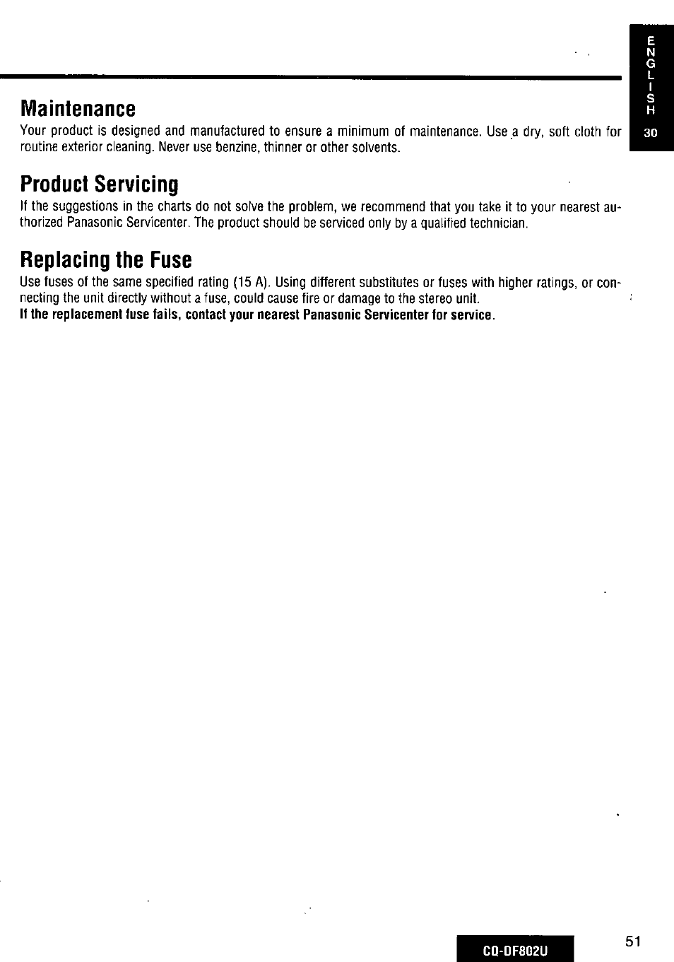 Maintenance, Product servicing, Replacing the fuse | Panasonic CQ-DF802U User Manual | Page 51 / 150