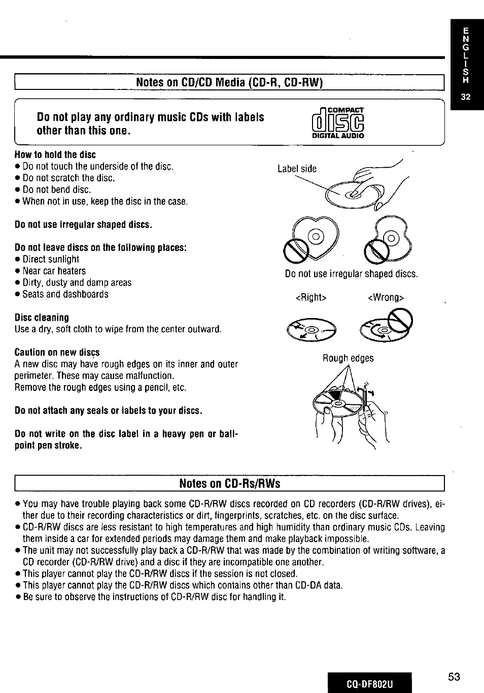 Notes on cd/cd media (cd-r, cd-rw), Other than this one. ulluyiid, Notes on cd*rs/rws | Panasonic CQ-DF802U User Manual | Page 53 / 150