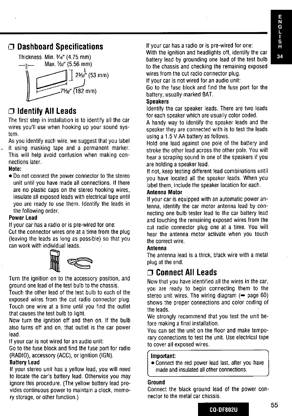 Dashboard specifications, Identify all leads, Connect all leads | Ground | Panasonic CQ-DF802U User Manual | Page 55 / 150