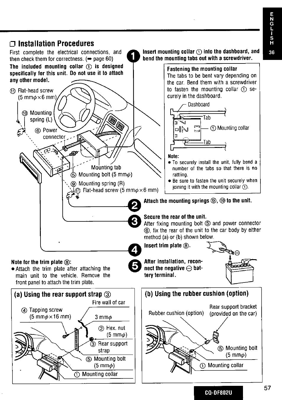 Installation procedures, Note for the trim plate (g), Attach the mounting springs 0,0 to the unit | Secure the rear of the unit, B) using the rubber cushion (option) | Panasonic CQ-DF802U User Manual | Page 57 / 150